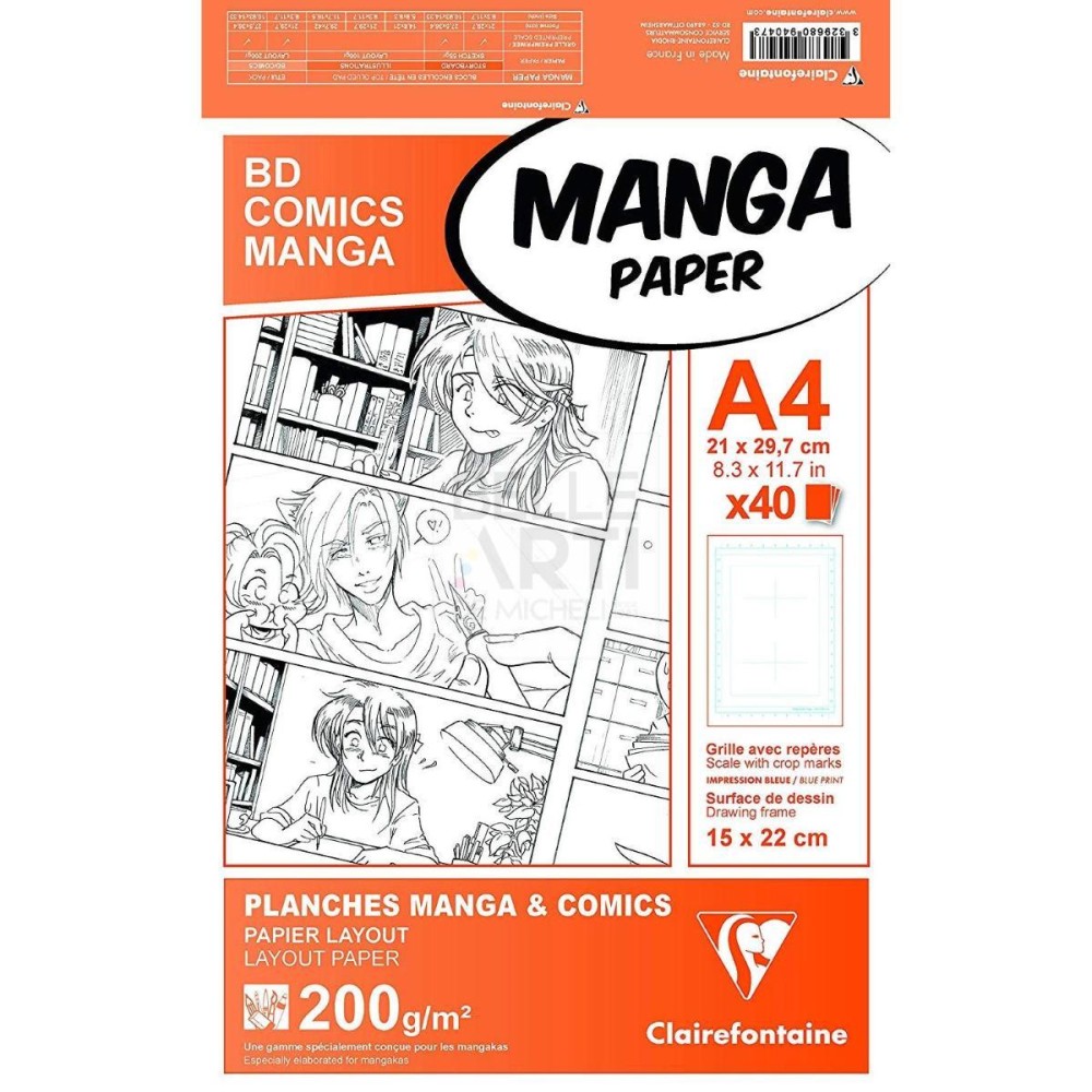 BLOCCO CARTA A4 PER ILLUSTRAZIONE MANGA CON GRIGLIA 6 SCOMPARTI " BD COMICS MANGA " 40 FG - 200 GR