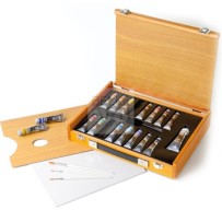 ASSORTIMENTO COLORI ACRILICI SERIE " POLYCOLOR " 17 TUBI IN CASSETTA IN LEGNO + ACCESSORI