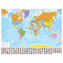 PLANISFERO POLITICO A COLORI CON BANDIERE PLASTIFICATO DIM. 140X100CM + 2 ASTE E GANCI