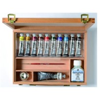 ASSORTIMENTO COLORI ACRILICI SERIE " POLYCOLOR " 10 TUBI DA 20 ML IN CASSETTA FAGGIO + ACCESSORI