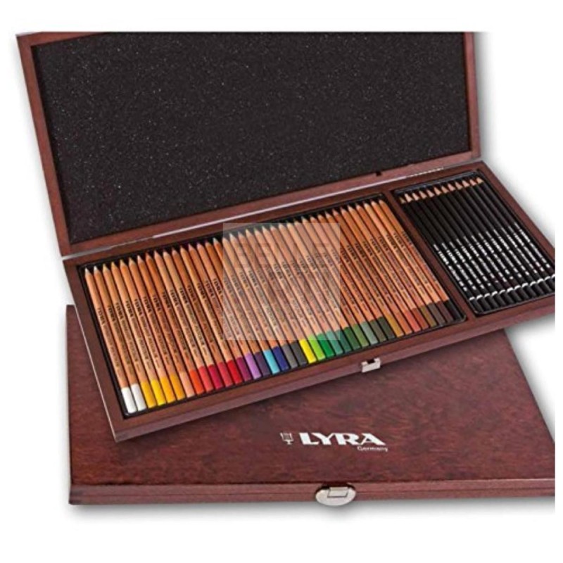 ASSORTIMENTO PASTELLI COLORATI + MATITE IN GRAFITE SERIE " REMBRANT POLYCOLOR " CONFEZIONE IN LEGNO PREGIATO SET DA 36+12 PZ.