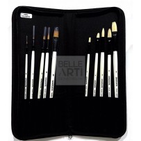 ASSORTIMENTO PENNELLI PER TECNICA MISTA MANICO LUNGO 10PZ ASTUCCIO IN TESSUTO CON CERNIERA